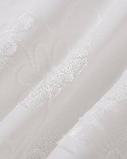 White Floral Textured Elastic Waist Pants