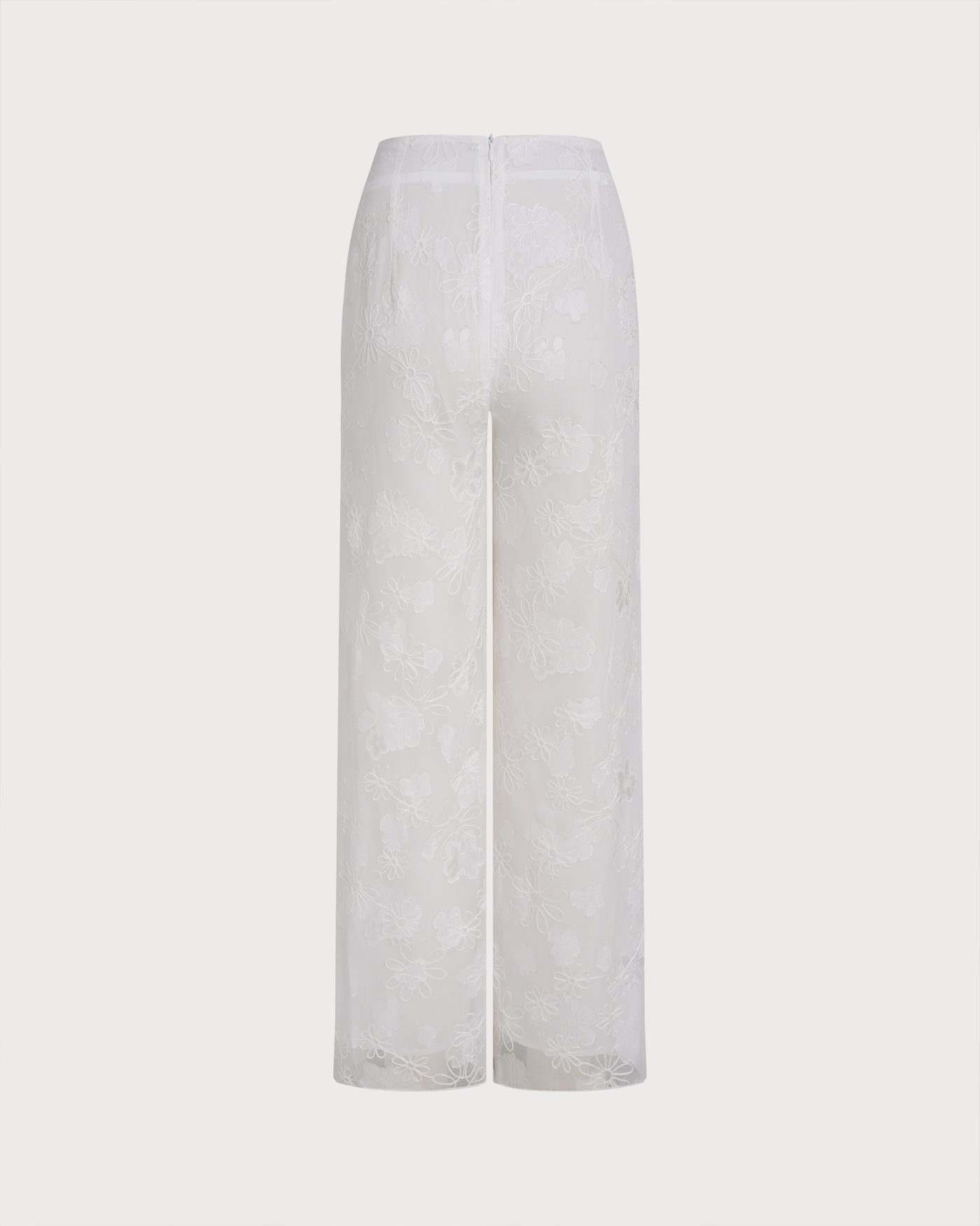 White Floral Textured Elastic Waist Pants