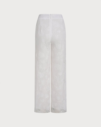 White Floral Textured Elastic Waist Pants