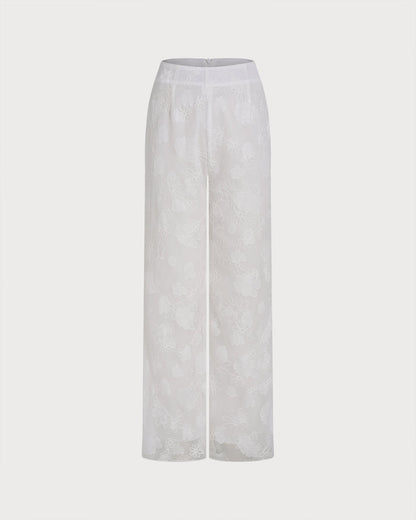 White Floral Textured Elastic Waist Pants