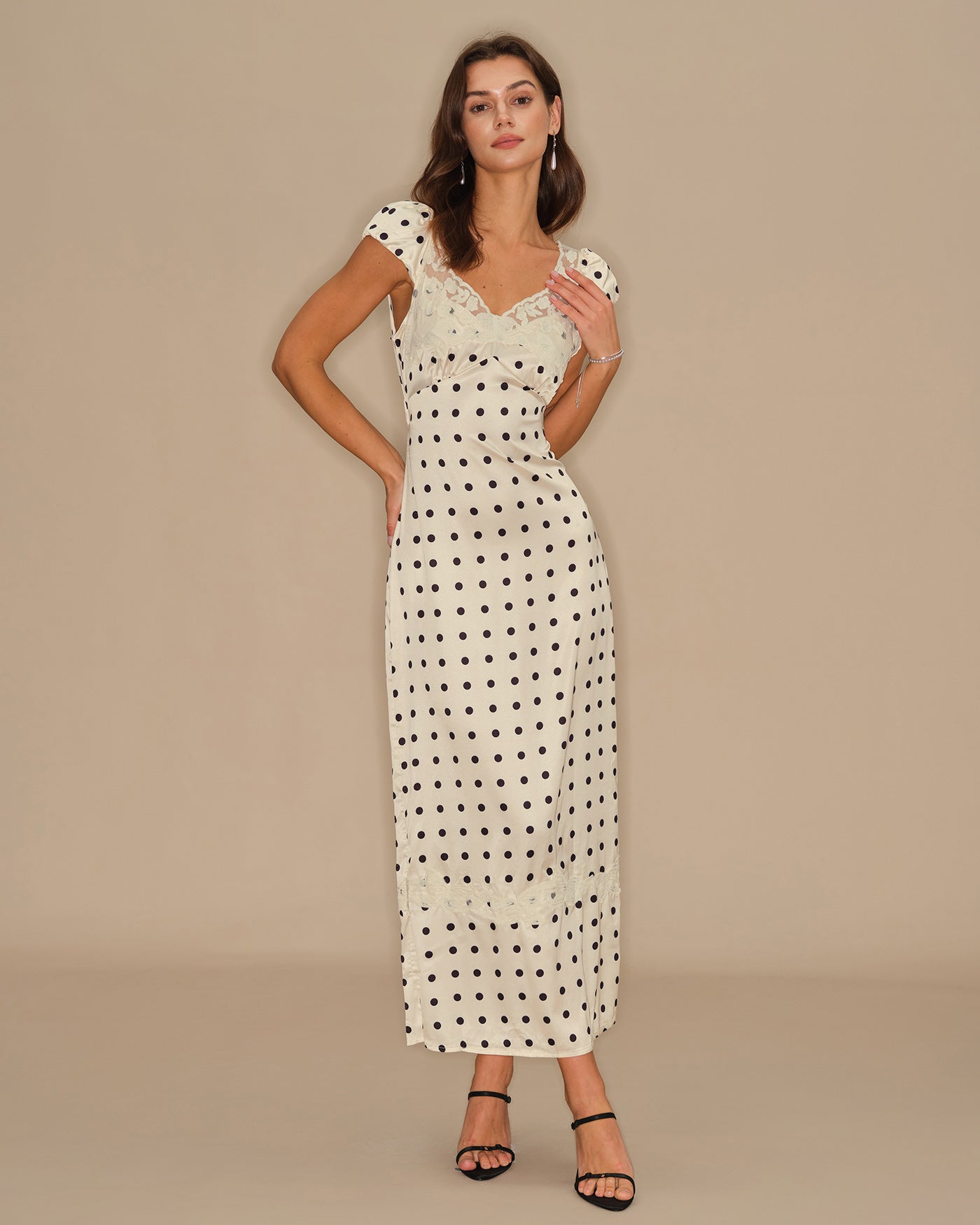 Apricot Polka Dot Lace Maxi Dress