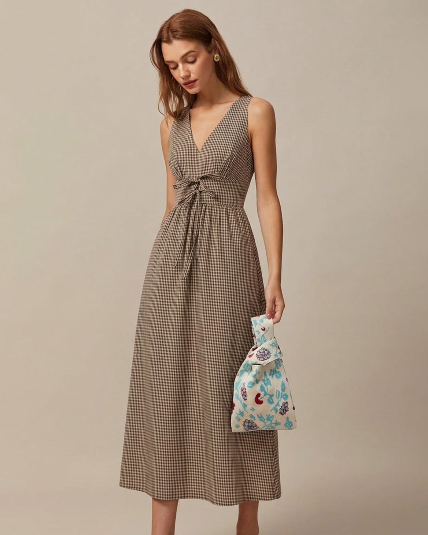 Brown V Neck Plaid Maxi Dress