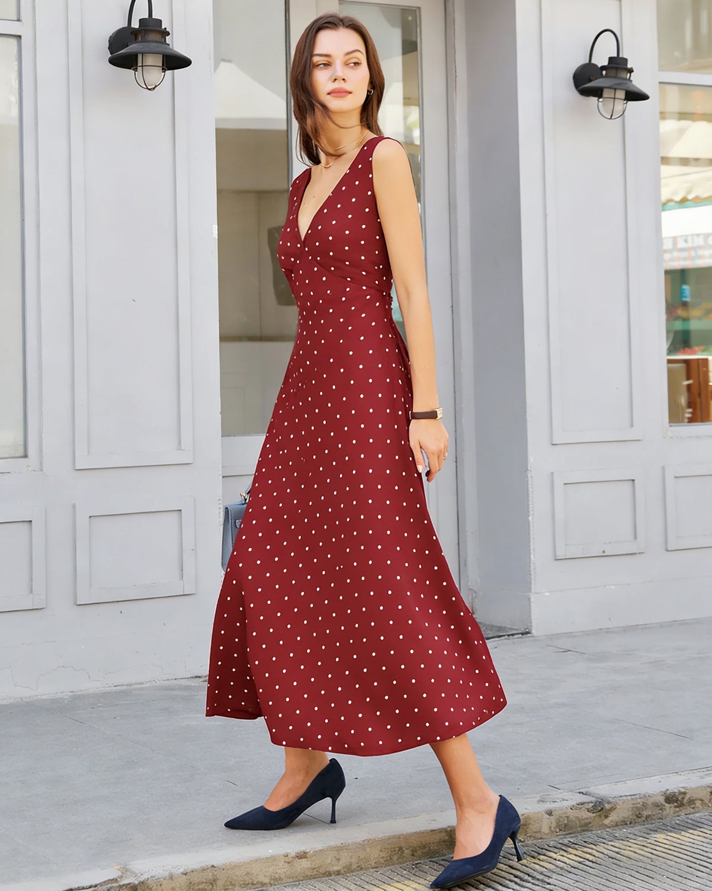 Wine Red Polka Dot Sleeveless Maxi Dress