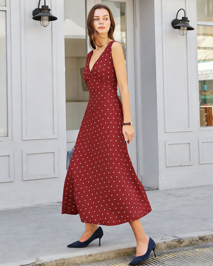 Wine Red Polka Dot Sleeveless Maxi Dress