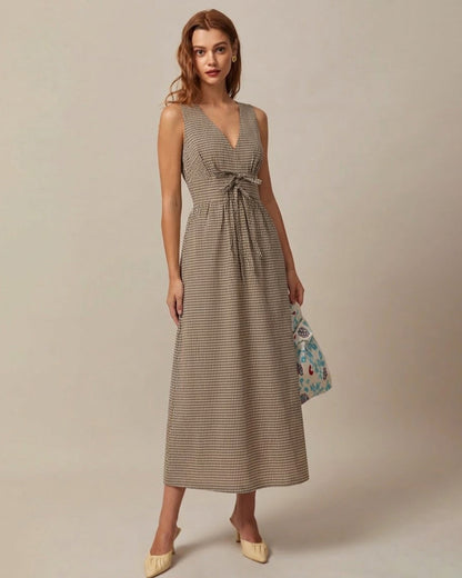 Brown V Neck Plaid Maxi Dress