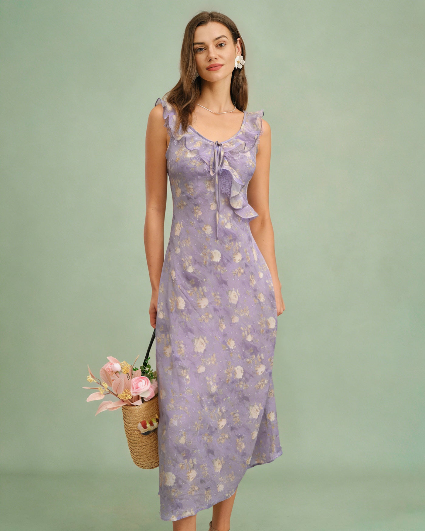 Purple Ruffle Floral Slip Maxi Dress
