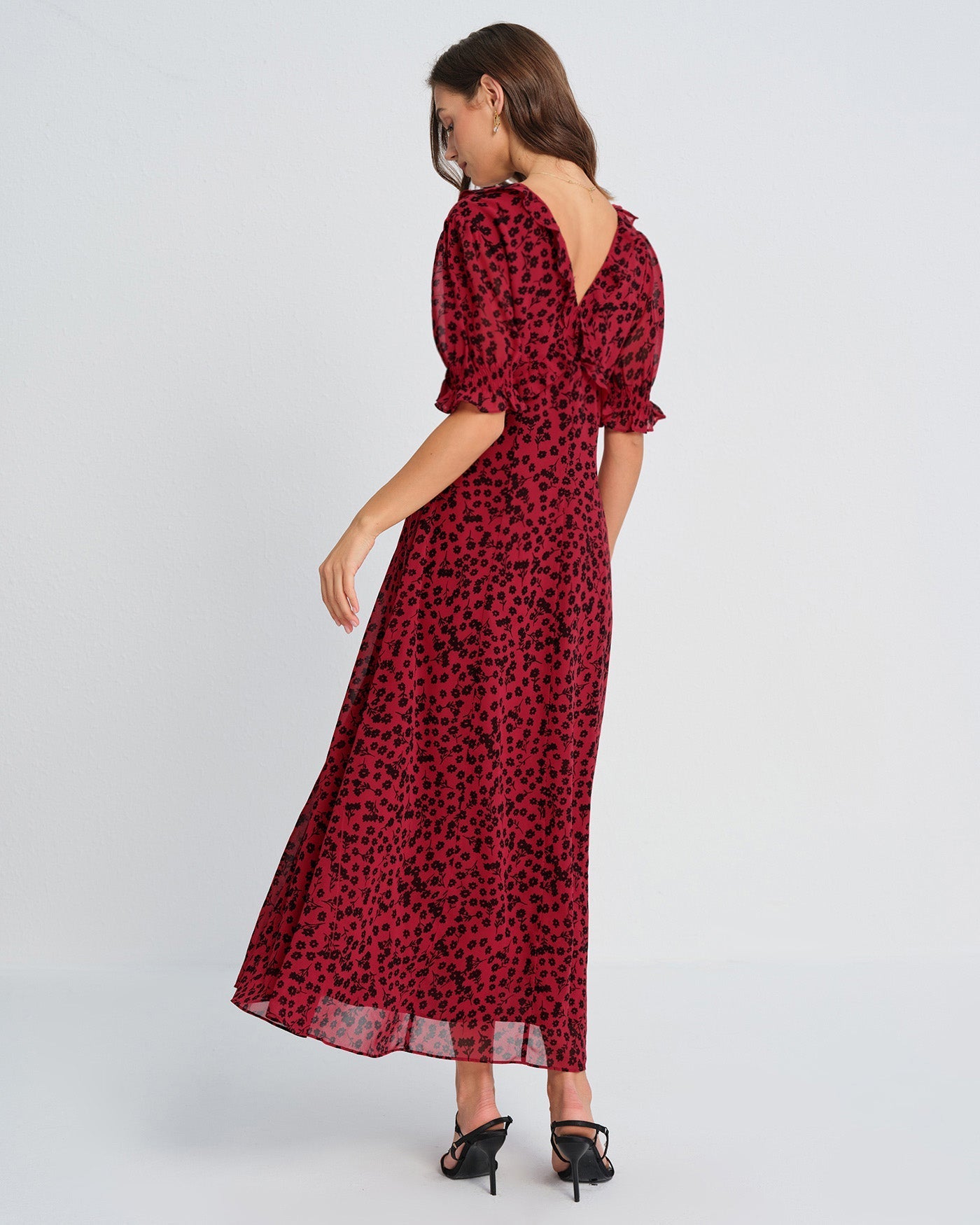 Red V Neck Floral Maxi Dress