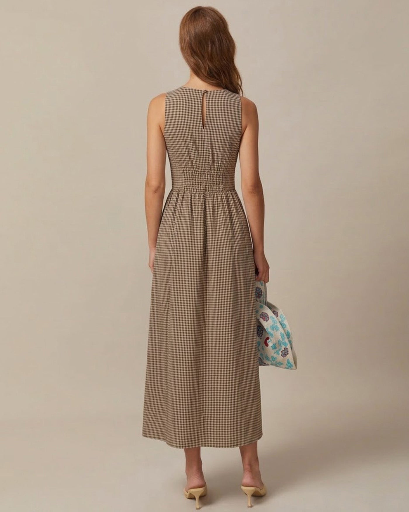 Brown V Neck Plaid Maxi Dress