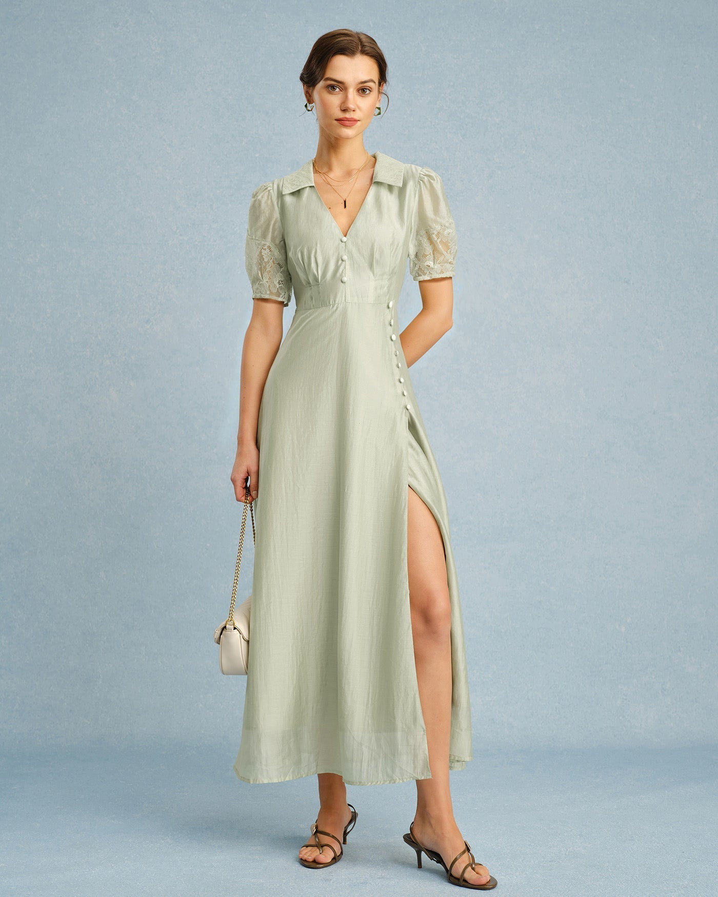 Green V Neck Button Maxi Dress