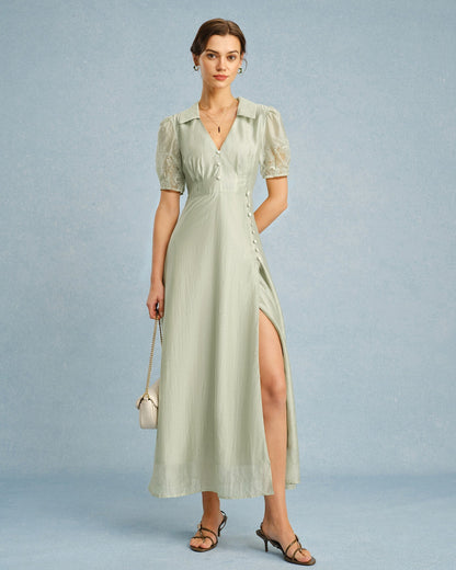 Green V Neck Button Maxi Dress