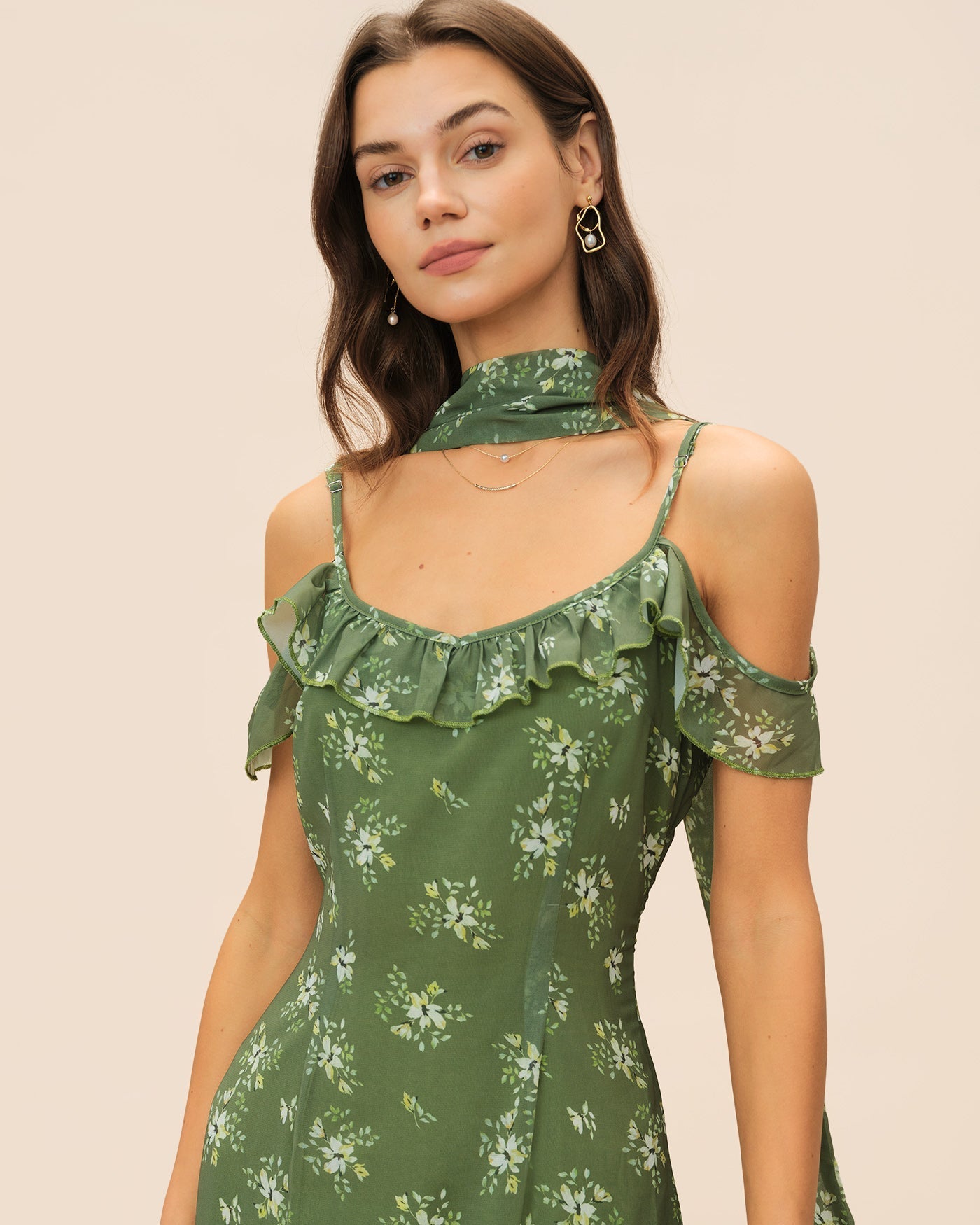 Green V Neck Ruffle Floral Maxi Dress