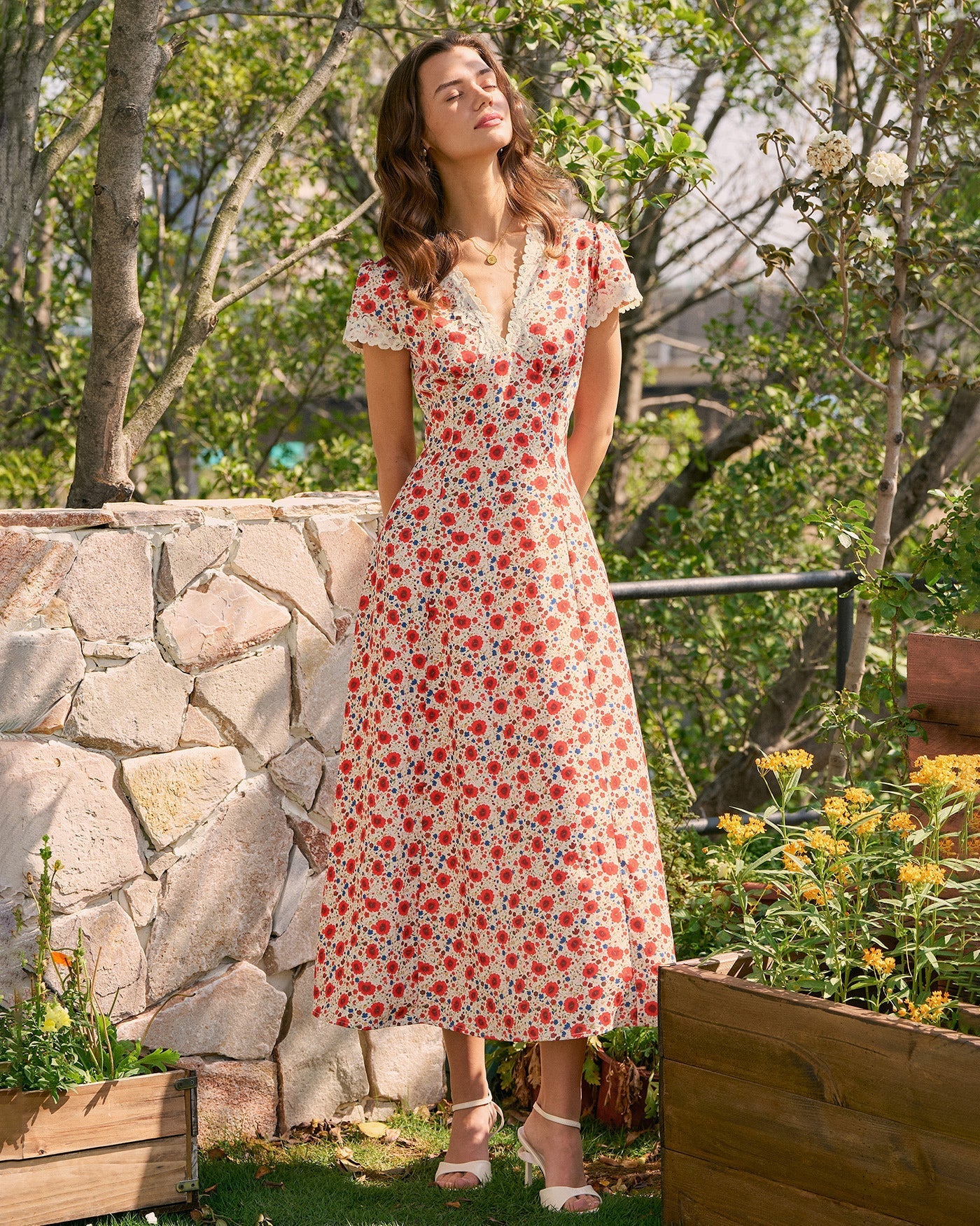 Red V Neck Lace Floral Maxi Dress