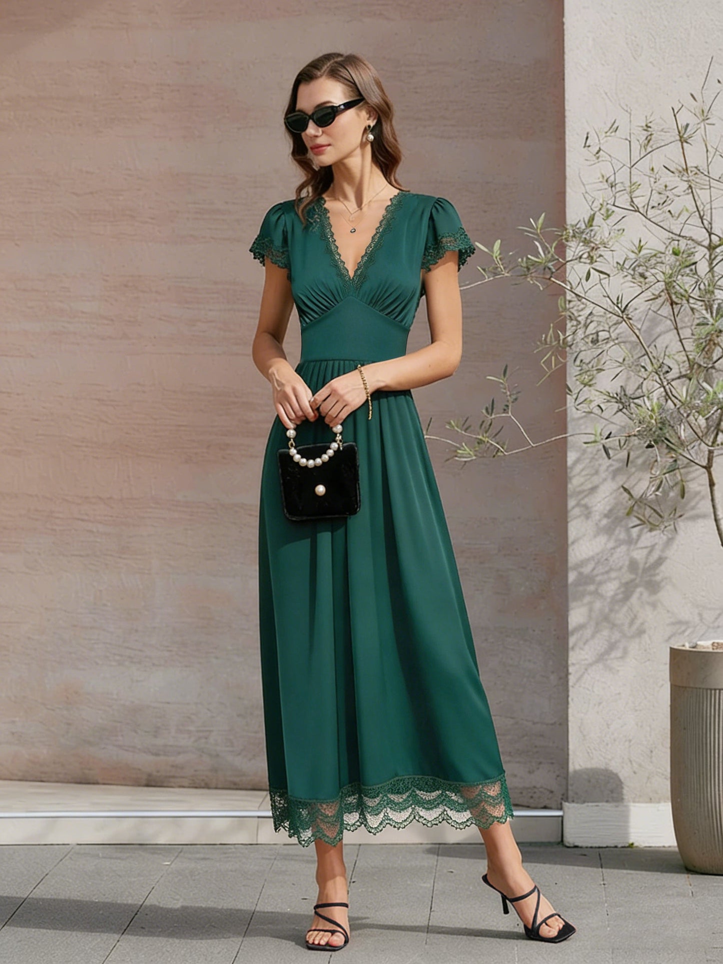 Green V Neck Lace Maxi Dress