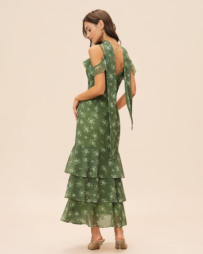 Green V Neck Ruffle Floral Maxi Dress