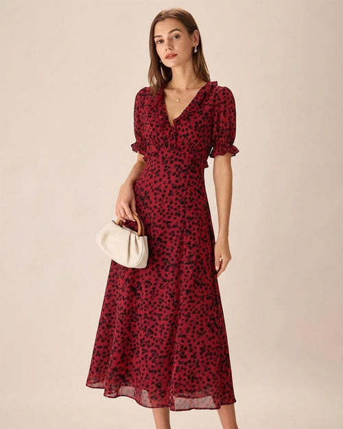 Red V Neck Floral Maxi Dress