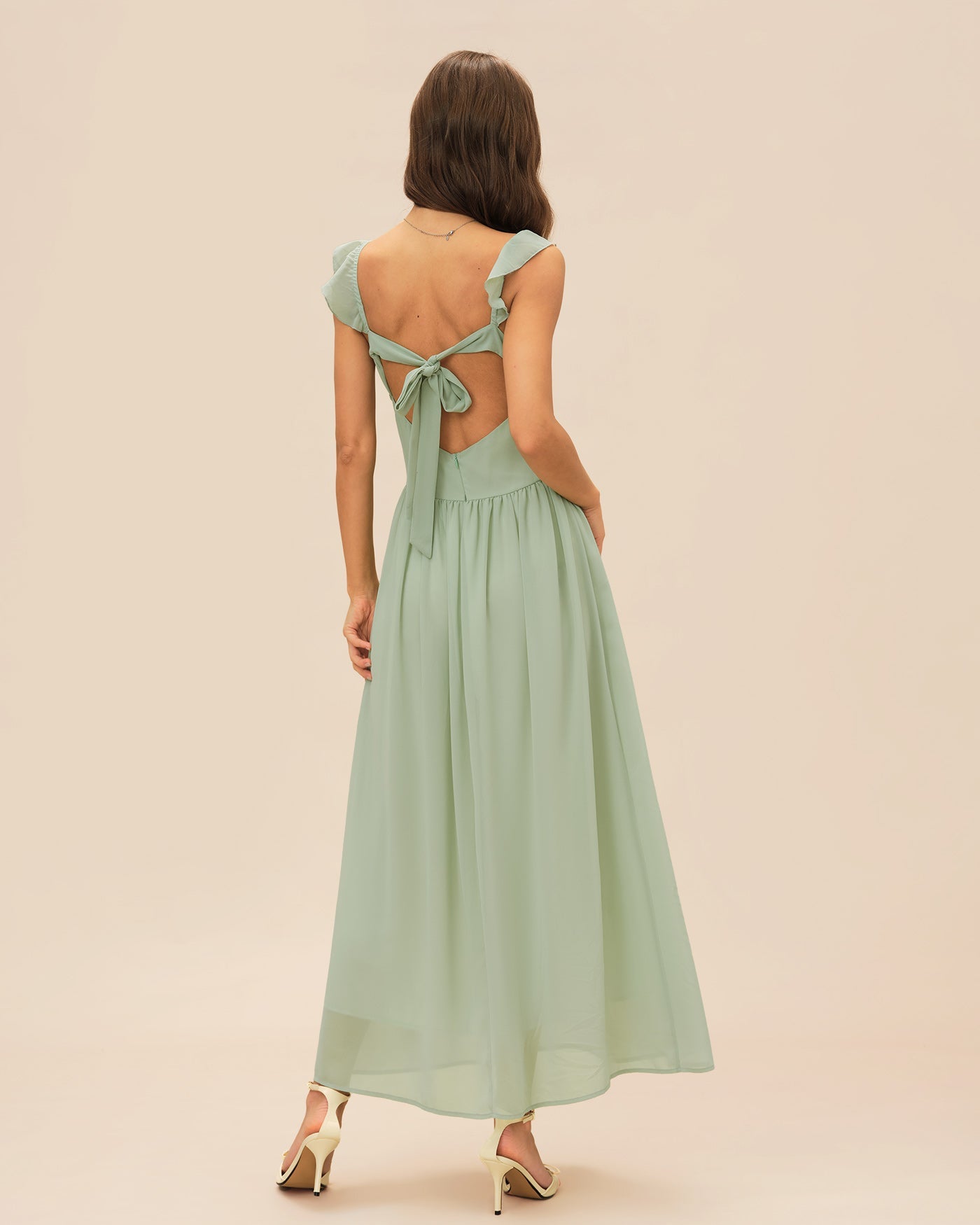 Green V Neck Ruffle Tie Maxi Dress