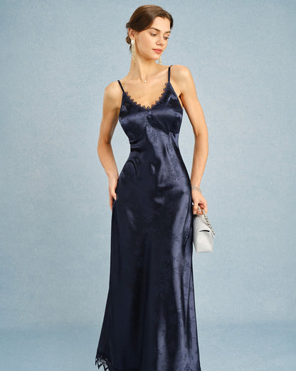 Navy Jacquard Lace Slip Maxi Dress