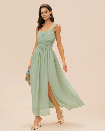 Green V Neck Ruffle Tie Maxi Dress