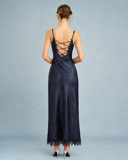 Navy Jacquard Lace Slip Maxi Dress