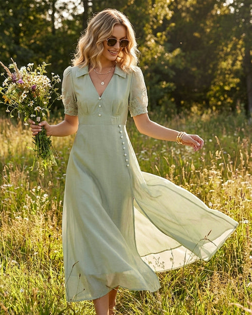 Green V Neck Button Maxi Dress