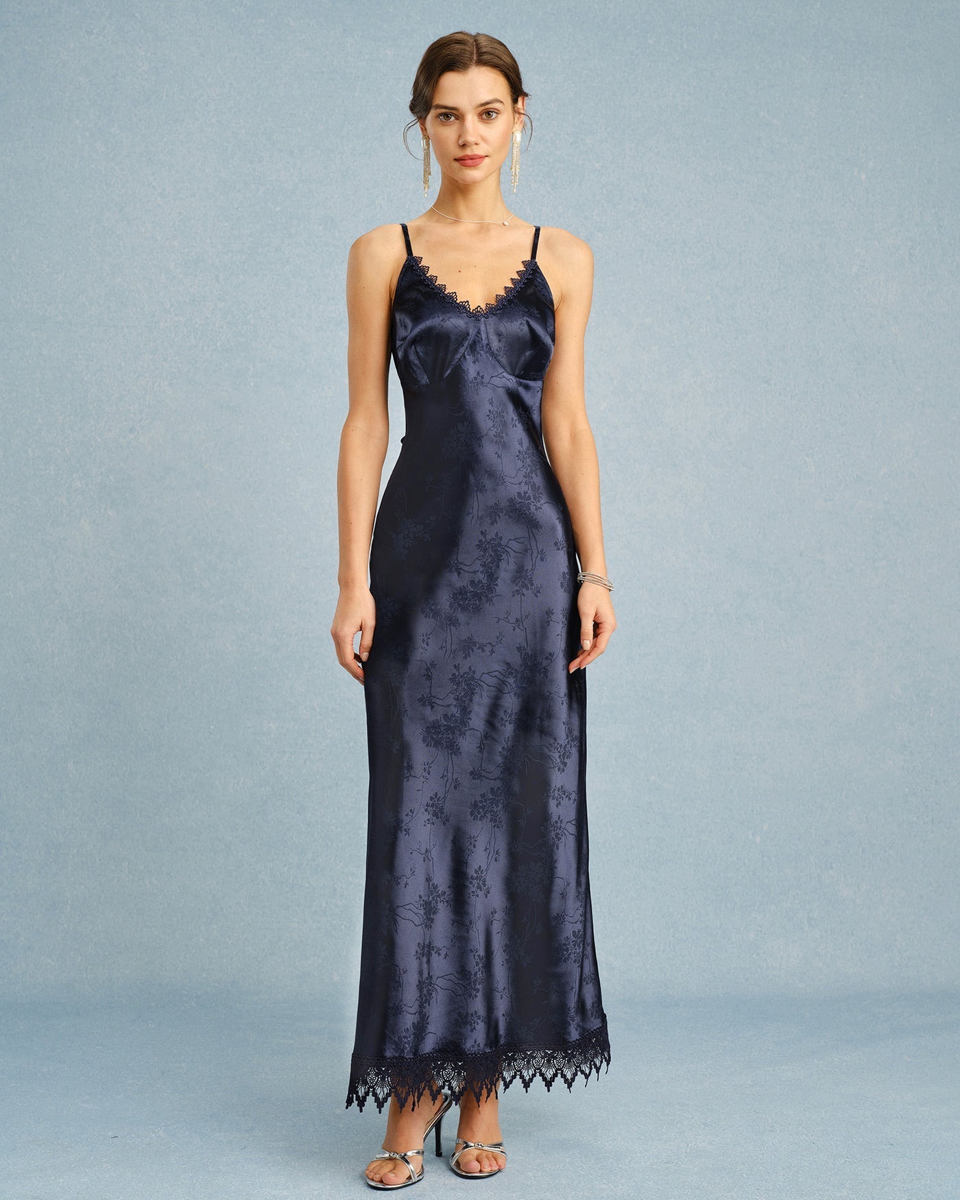 Navy Jacquard Lace Slip Maxi Dress