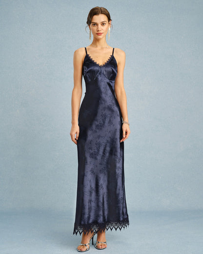 Navy Jacquard Lace Slip Maxi Dress