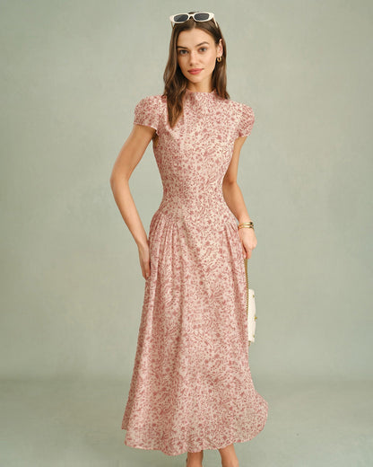 Pink Mock Neck Floral Maxi Dress