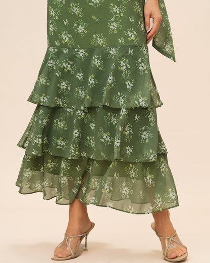Green V Neck Ruffle Floral Maxi Dress