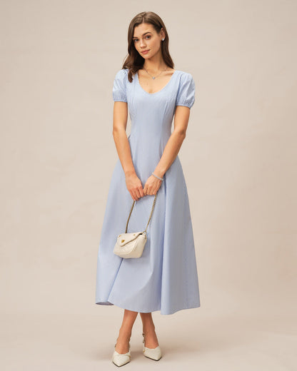 Blue V Neck Puffed Sleeve Striped Maxi Dress