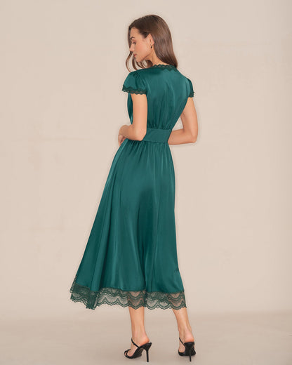 Green V Neck Lace Maxi Dress