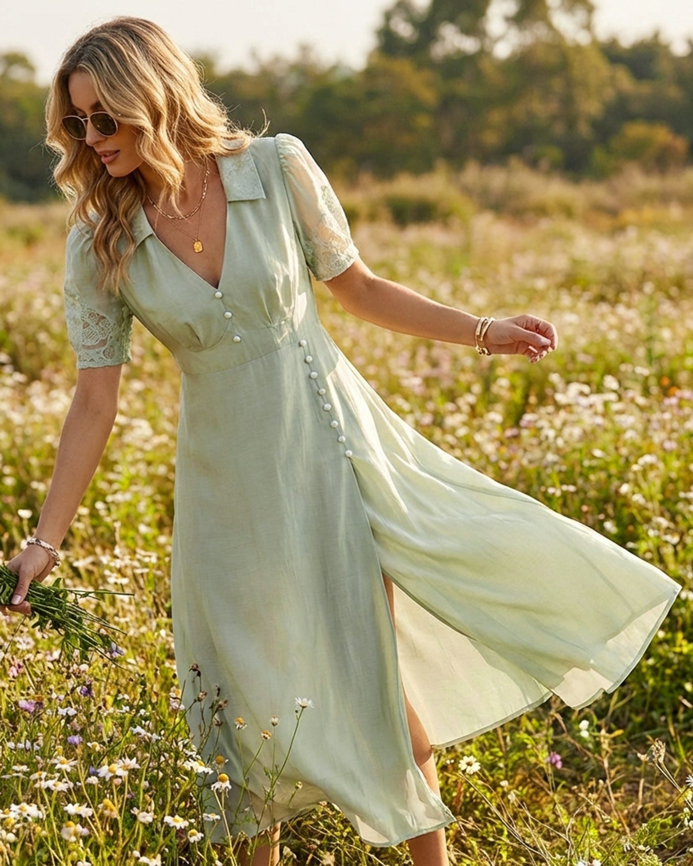 Green V Neck Button Maxi Dress