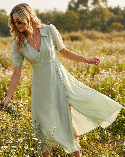 Green V Neck Button Maxi Dress
