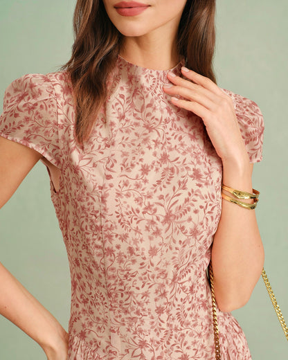 Pink Mock Neck Floral Maxi Dress