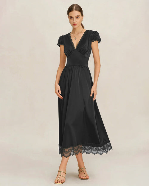 Black V Neck Lace Puffed Sleeve Maxi Dress