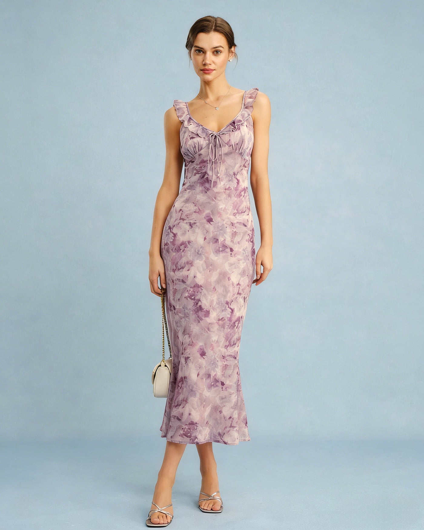 Purple Ruffle A-Line Slip Maxi Dress