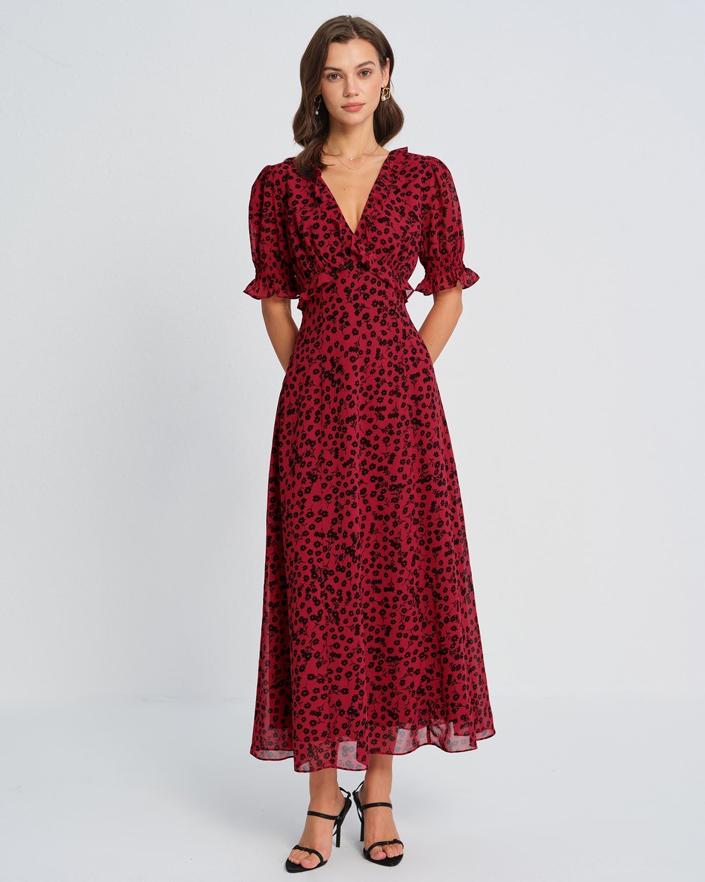Red V Neck Floral Maxi Dress