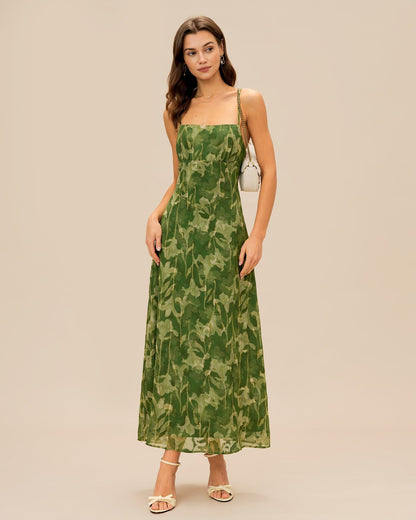 Green Floral X Cross Slip Maxi Dress