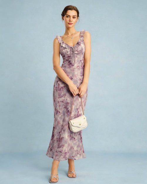 Purple Ruffle A-Line Slip Maxi Dress