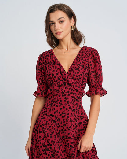 Red V Neck Floral Maxi Dress