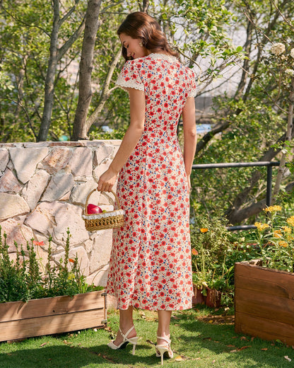 Red V Neck Lace Floral Maxi Dress