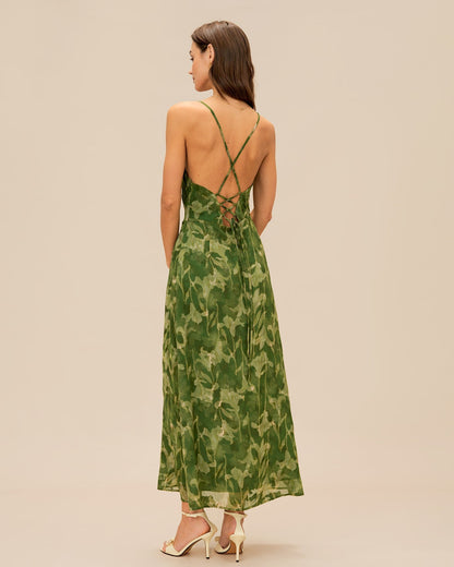 Green Floral X Cross Slip Maxi Dress