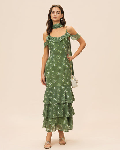 Green V Neck Ruffle Floral Maxi Dress