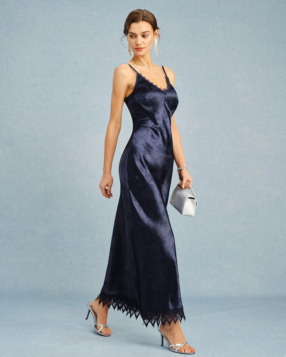 Navy Jacquard Lace Slip Maxi Dress