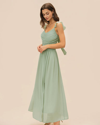 Green V Neck Ruffle Tie Maxi Dress