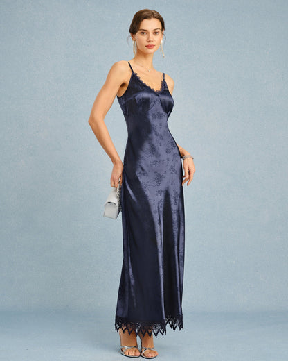 Navy Jacquard Lace Slip Maxi Dress