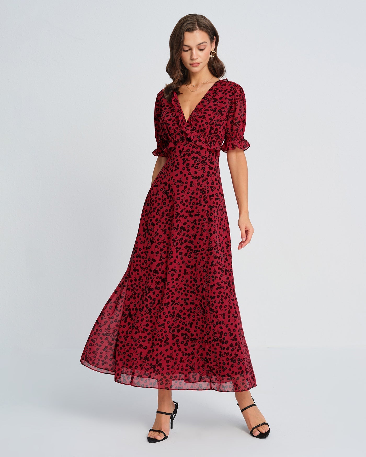 Red V Neck Floral Maxi Dress