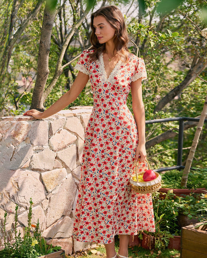Red V Neck Lace Floral Maxi Dress