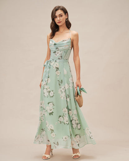 Green Cowl Neck Floral Maxi Dress