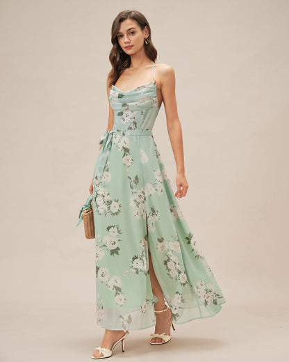 Green Cowl Neck Floral Maxi Dress