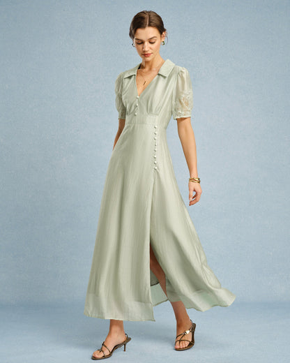 Green V Neck Button Maxi Dress